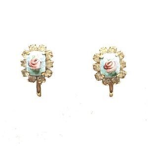 Vintage Vargas Dainty Rose Flower Guillochet Enamel Screw Back Gold Earrings